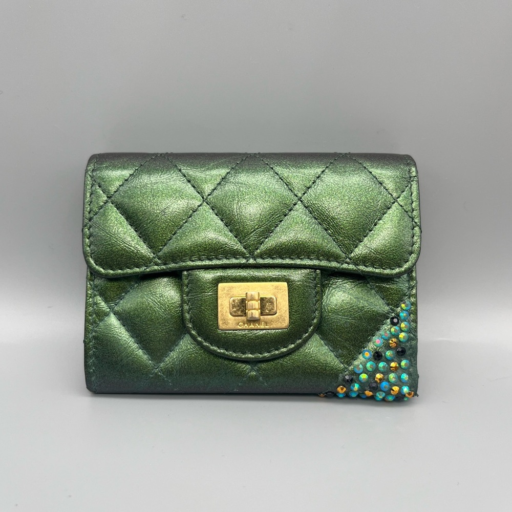 Iridescent Lambskin Quilted Double Flap Wallet Green
